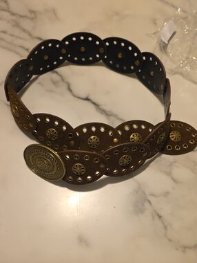 Vintage-Inspired Brown Leather Decorative Belt with Brass Medallions